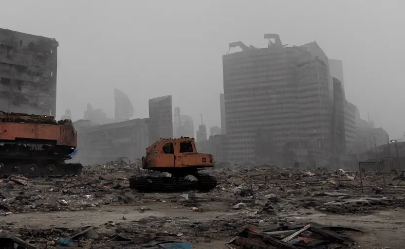 Image similar to an immense derelict earth mover with multiple cabs with tank turret and demolition ball in front of a demolished building, dystopian, imax, foggy and dusty cyberpunk aesthetic