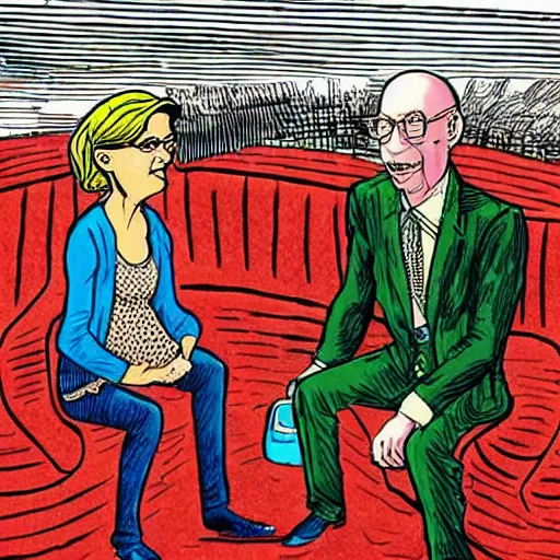 Image similar to The Artwork of R. Crumb and his Cheap Suit Klaus Schwab and Elizabeth Warren, pencil and colored marker artwork, trailer-trash lifestyle