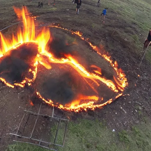 Prompt: quadcopter view of the fire