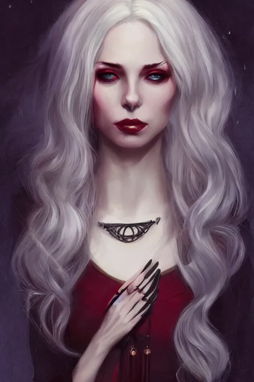 Prompt: beautiful wicked female occultist, sweeping ombre blonde hair, red eyes, portrait, high cheekbones, Victorian, black velvet dress, dark colors, magic Amulet, fantasy painting, trending in Artstation, GSociety, by Charlie Bowater, Brom, Bastien Lecouffe-Deharme