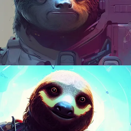Image similar to sloth working on pc as apex legends character, digital illustration portrait design, by android jones and greg rutkowski, retrowave color scheme, detailed, cinematic lighting, wide angle action dynamic portrait