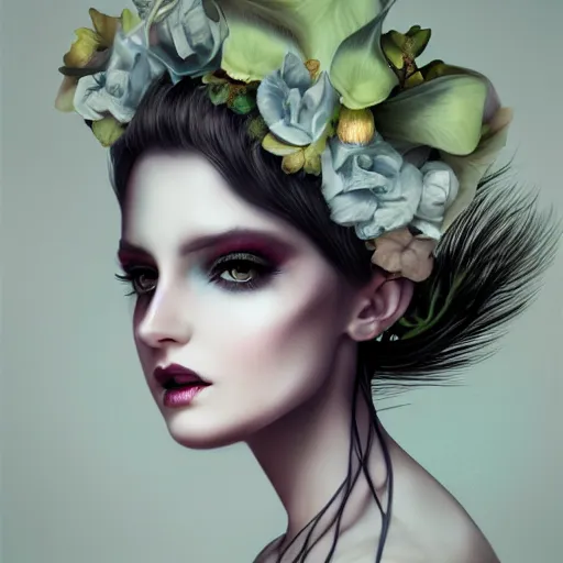 Prompt: of a woman, surreal Portrait inspired by Natalie Shau, Anna dittmann, plants growing on the head, horns,cinematic