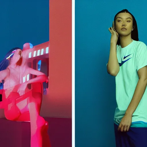 Image similar to nike lookbook campaign in the style of tyler mitchel, blue rays, redshift, wide shot, coloured polaroid photograph, pastel, kodak film, hyper real, stunning moody cinematography, by maripol, fallen angels by wong kar - wai, 3 5 mm, style of suspiria and neon demon, david hockney, detailed, film photography