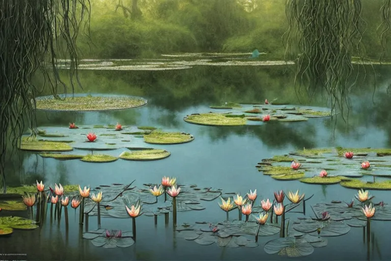 Image similar to pale teal rain beside pond with waterlilies, fantasy, intricate, elegant, dramatic lighting, emotionally evoking symbolic metaphor, highly detailed, lifelike, photorealistic, digital painting, artstation, concept art, smooth, sharp focus, illustration, art by John Collier and Albert Aublet and Krenz Cushart and Artem Demura and Alphonse Mucha