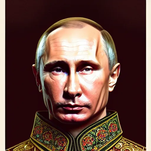 Image similar to a portrait of ( male ) putin, upper half portrait, decorated with russian motifs, traditional russia, intricate, rugged, highly detailed, symmetry, headpiece, digital painting, artstation concept art smooth sharp focus, illustration, art by artgerm and greg rutkowski alphonse mucha 8 k