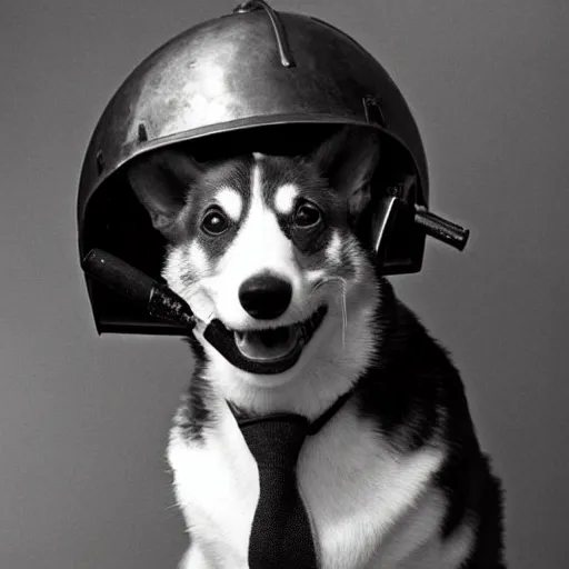 Image similar to close up of a corgi wearing soldier helmet in the battle, ww 2 historical photography, black & white