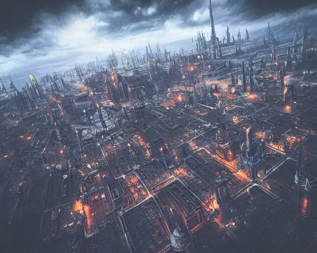 Prompt: “An aerial view of a futuristic gothic city from warhammer 40k. Cathedrals, factories, railway, heavy depth of field, clouds, haze, aircraft”