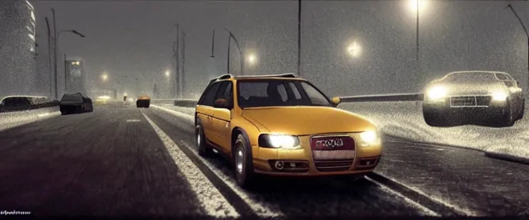 Image similar to Audi A4 B6 Avant (2002) in a car chase, a gritty neo-noir, dramatic lighting, cinematic, establishing shot, extremely high detail, photorealistic, cinematic lighting, artstation, by simon stalenhag, Max Payne (PC) (2001) winter new york at night, dark night, bright lights, simon stalenhag eldritch horror