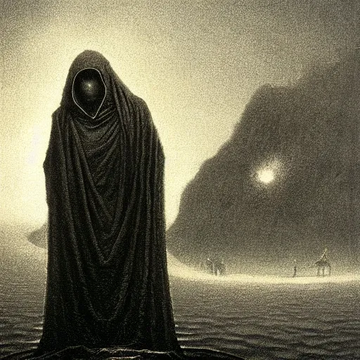 Image similar to a closeup of a hooded figure on a ferry in the underworld, charon, greek mythology, beksinski