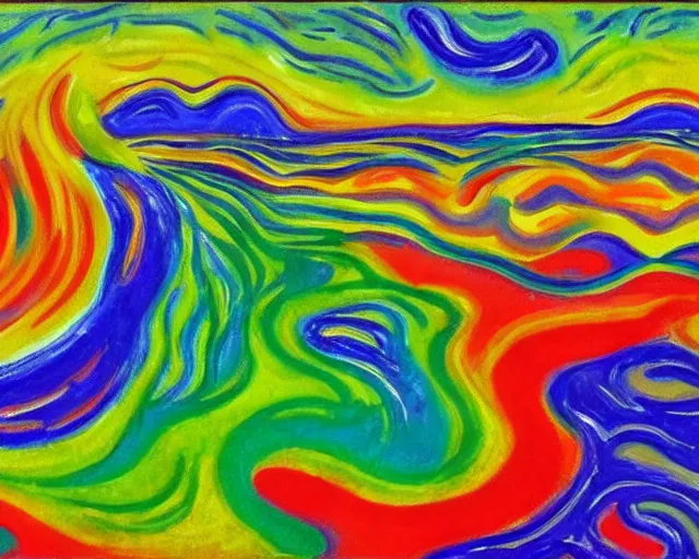 Image similar to Ocean waves in a psychedelic dream world. DMT. Curving rivers. Landscape painting by Edvard Munch. Peter Max.