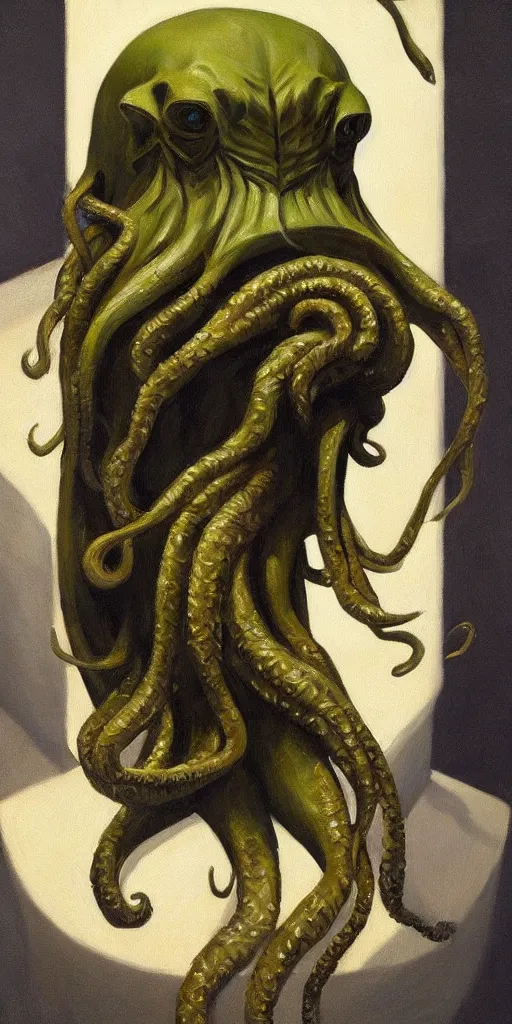 Image similar to a stunning and noble highly detailed portrait of cthulhu by josep tapiro baro and edward hopper, trending on artstation, oil painting masterpiece, symmetry, mysterious, very very very aesthetic