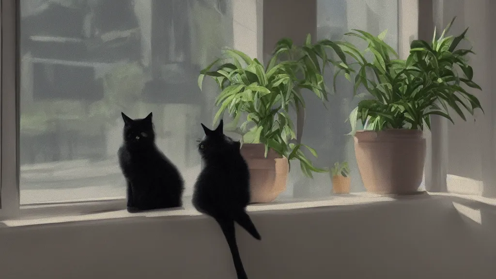 Image similar to peaceful dreamy oil painting of a content black cat sitting by a window and looking outside, sunshine coming through the window, small plants on the window sill, 8k, hyper realism, trending on artstation, octane render