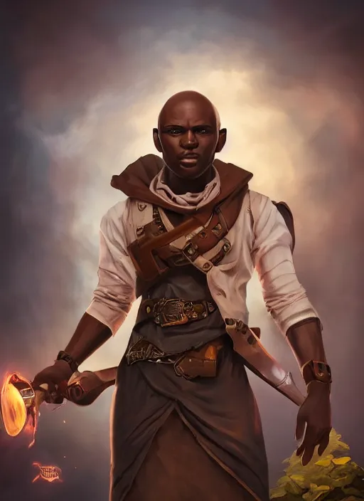 Image similar to An epic fantasy comic book style portrait painting of a young dark skinned thief with broad shoulders and a bald head in a vest in the style of the wheel of time, unreal 5, DAZ, hyperrealistic, octane render, cosplay, RPG portrait, dynamic lighting