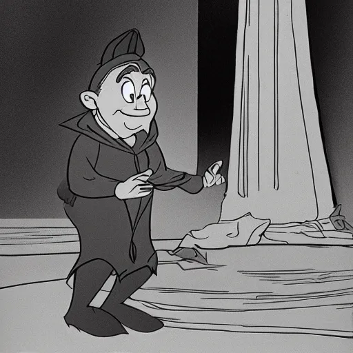 Image similar to disney's quasimodo standing on a set in paris talking to a director. 1 9 9 5 tv capture. disney cartoon style.