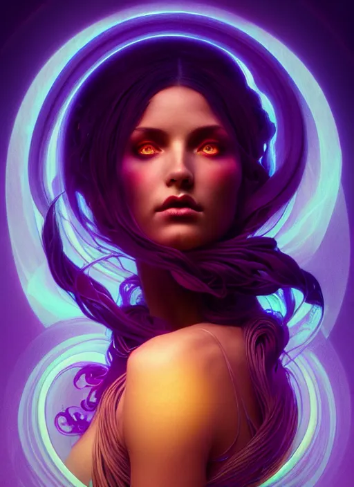 Prompt: side portrait dark witch, gloomhaven, soft, smooth, luminescent, art nouveau tarot, backlit glow, colorful swirly ripples, gaudy colors, aesthetic octane render, unreal engine, 8 k, by artgerm, greg rutkowski, alphonse mucha