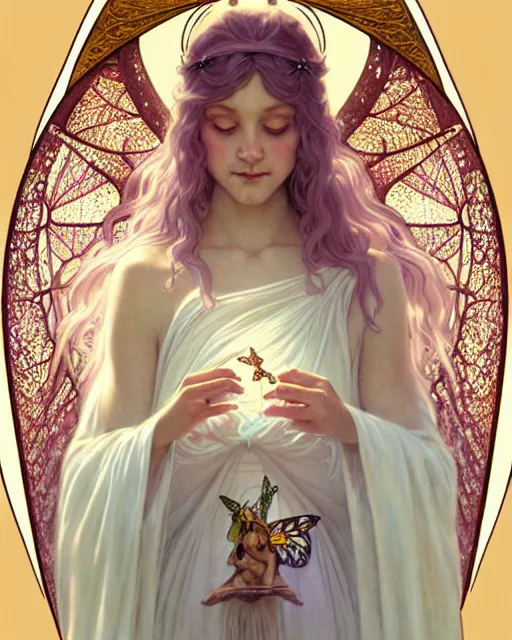 Prompt: portrait of a ethereal magical young butterfly fairy princess wearing a white robe, d & d, fantasy, intricate, elegant, highly detailed, digital painting, artstation, concept art, smooth, sharp focus, illustration, art by greg rutkowski, maxfield parrish and alphonse mucha, new art nouveau, tarot card