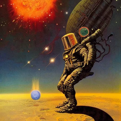 Image similar to Liminal space in outer space by Frank Frazetta and Jean Giraud