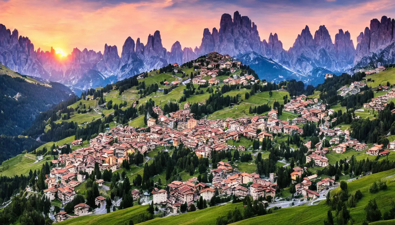 Prompt: an italian town in the dolomites mountains, sunset