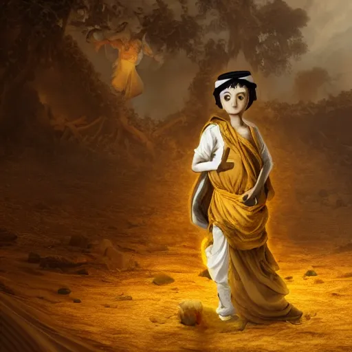 Image similar to A epic and beautiful rococo painting of a young arab boy covered in yellow cloth surrounded by wolves of ashes, standing before a desert of ashes. ultra-detailed. Anime, pixiv, UHD 8K CryEngine, octane render