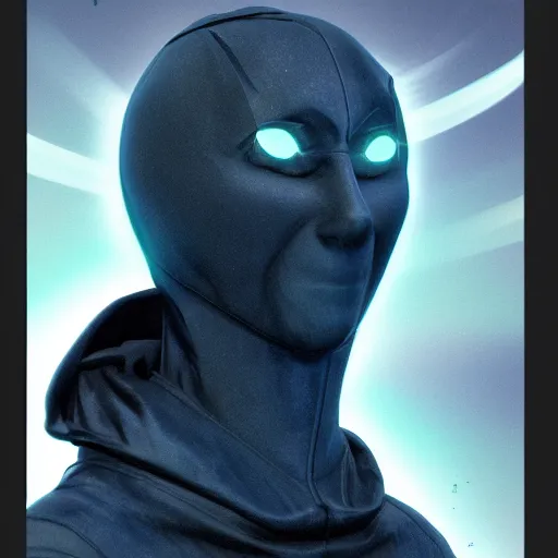 Prompt: award - winning. trending on artstation. 4 k. a faceless astral figure wearing a hooded cape made of the night sky with 1 dark blue glowing eye on its face. full - body.