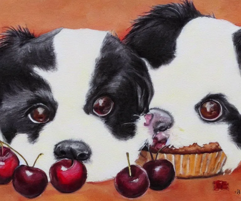 Image similar to white and black japanese chin dog eating cherry muffins, water painting