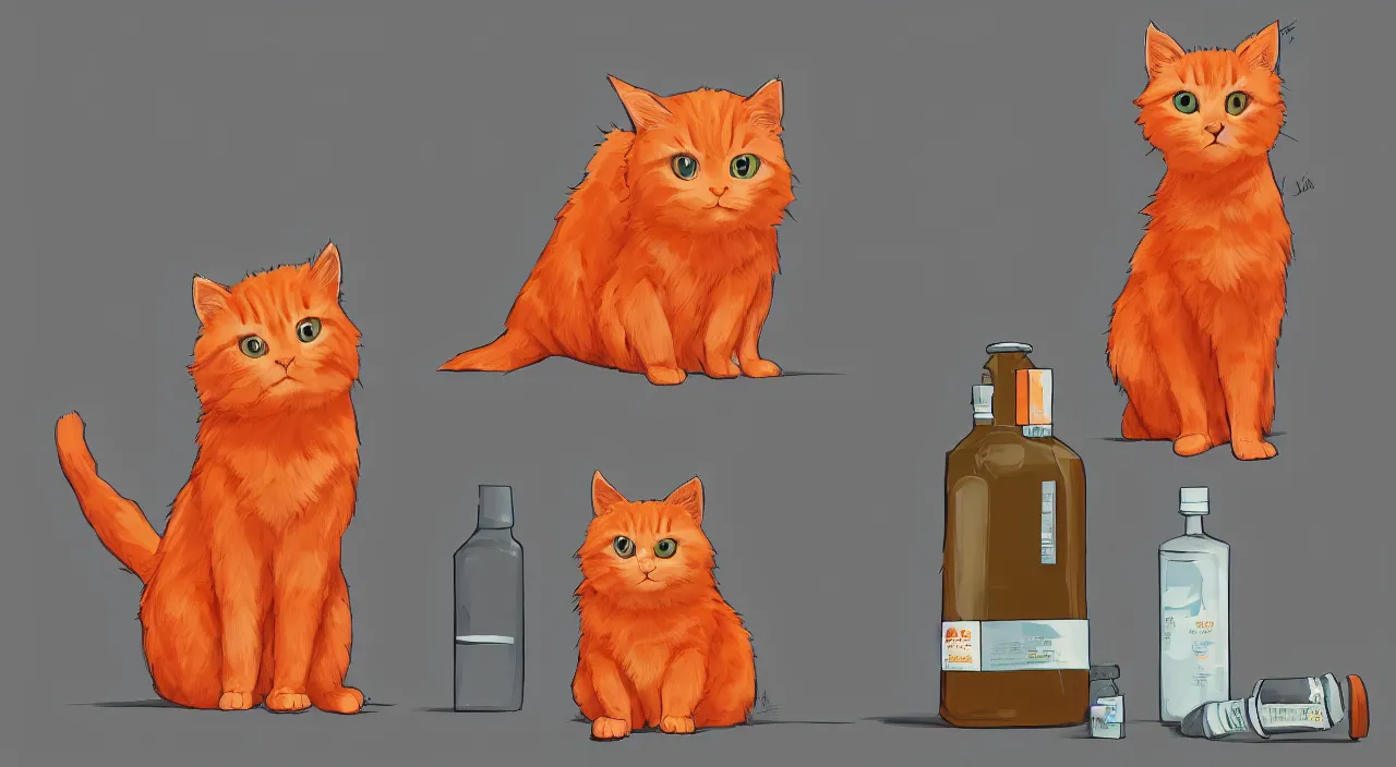 Image similar to a fluffy orange cat standing next to a bottle of medicine. animal. digital art. artstation. illustration. overlay color.