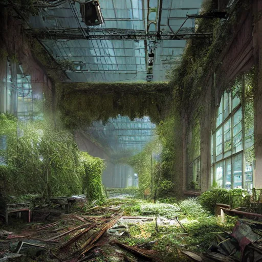 Image similar to interior of an overgrown abandoned museum in downtown New York city, moss atmospheric, kodak, fuji film, photoreal, 12k ursa, volumetric light, cinematic photograph concept art, intricate, artstation, studio ghibli, eddie mendoza, james chadderton