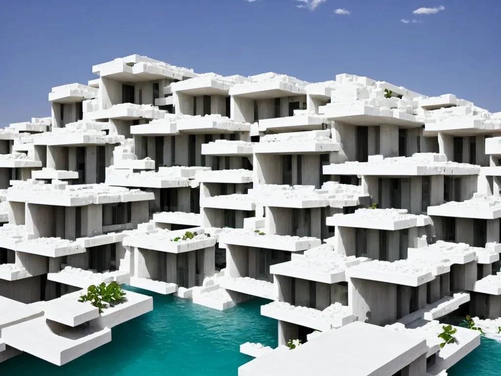 Prompt: habitat 6 7, white lego terraced architecture hotel in the dessert, many plants and infinite pool
