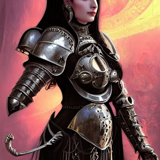 Image similar to beautiful victorian and luxury and goddess and gothic female medieval Black armor knight portrait+shiny eyes+front face with light flowing hair, ultradetail face, ruined gothic cathedral, art and illustration by tian zi and craig mullins and WLOP and alphonse mucha, ssci-fi, fantasy, intricate complexity, human structure, hypermaximalist, fantasy character concept, dynamic lighting, neon light, watermark, blurry, hyperrealism 8k