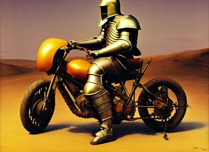 Image similar to knight in armor sitting on a motorcycle, rome, highly detailed, soft lighting, elegant, works by edward hopper and james gillard, zdislaw beksinski, stephen outram, andreas m wiese, highly detailed