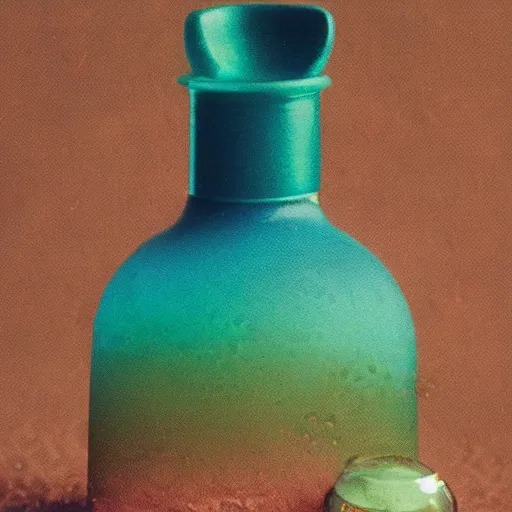 Image similar to small potion with a cork top filled with a green and turquoise gradient liquid, on a desk, old film photo