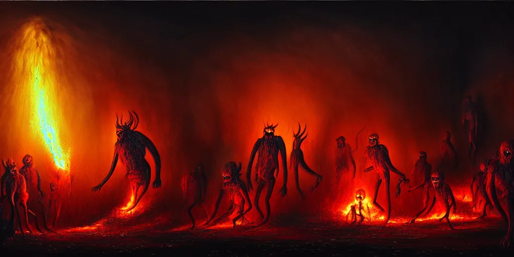 Image similar to repressed emotion creatures and monsters at the mouth of hell, dramatic lighting glow from giant fire, attempting to escape and start a revolution, in a dark surreal painting by ronny khalil