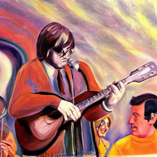 Image similar to John Sebastian playing music on stage in 1967, oil painting