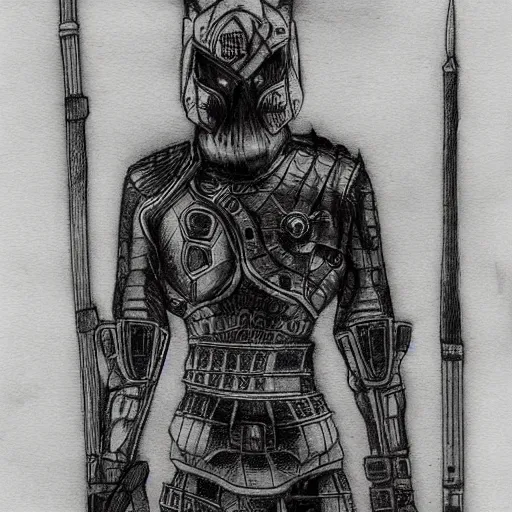 Prompt: japanese futuristic warrior with many scars, hard ink, no pencils, full body drawing