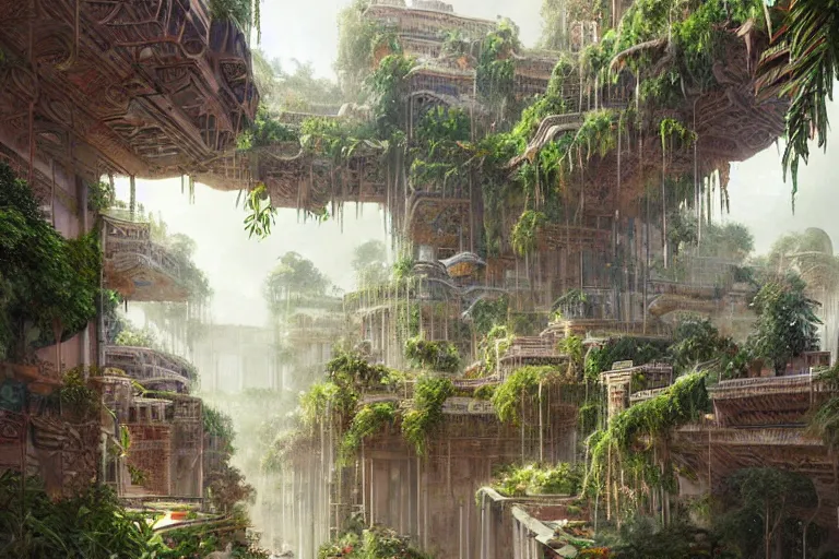 Image similar to hanging gardens of babylon, highly detailed, digital painting, artstation, concept art, sharp focus, illustration, art by artgerm and greg rutkowski and magali villeneuve