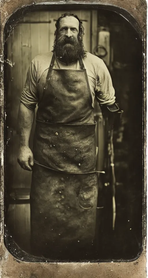 Prompt: a wet plate photograph, a portrait of a burly blacksmith in his apron