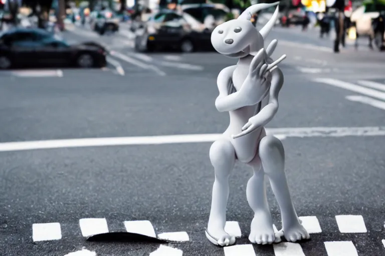 Image similar to closeup potrait of humanoid Mewtwo at a crosswalk in Tokyo, natural light, sharp, detailed face, magazine, press, photo, Steve McCurry, David Lazar, Canon, Nikon, focus