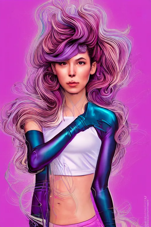 Image similar to a award winning half body porttrait of a beautiful woman in a croptop with ombre purple pink teal hairstyle with head in motion and hair flying by marvel comics and sandra chevelier, outrun, vaporware, illustration, digital art, trending on artstation, highly detailed, fine detail, intricate