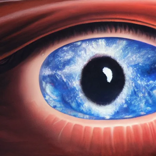 Image similar to a highly detailed photorealistic painting of a human eye reflecting outer space