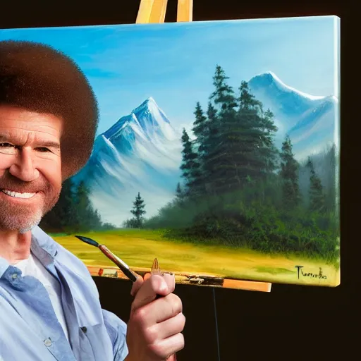 Image similar to a closeup photorealistic photograph of bob ross holding a paintbrush and diligently finishing a canvas painting of tom cruise. mountains and trees. film still. brightly lit scene. this 4 k hd image is trending on artstation, featured on behance, well - rendered, extra crisp, features intricate detail, epic composition and the style of unreal engine.