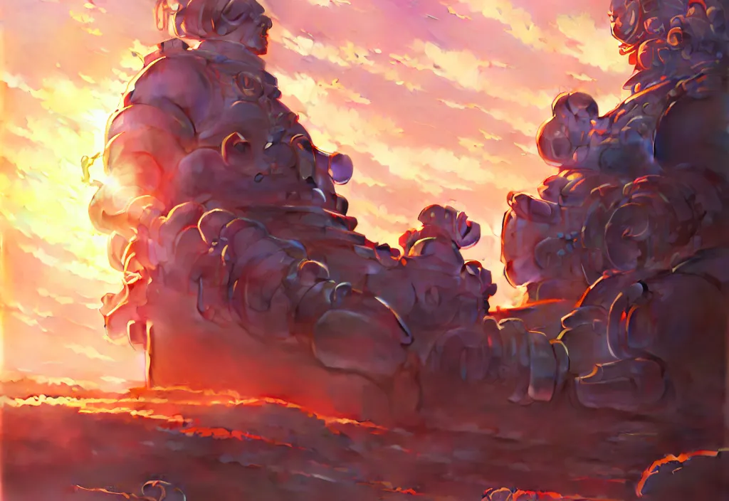 Image similar to a chubby futuristic tombstone, golden hour, intricate oil painting, high detail illustration, sharp high detail, manga and anime 1 9 9 9, official fanart behance hd artstation by jesper ejsing and makoto shinkai, 4 k,