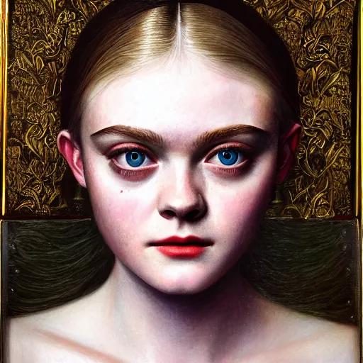 Image similar to professional painting of Elle Fanning in the style of Dino Valls, head and shoulders portrait, symmetrical facial features, smooth, sharp focus, illustration, intricate, stormy weather, extremely detailed masterpiece,