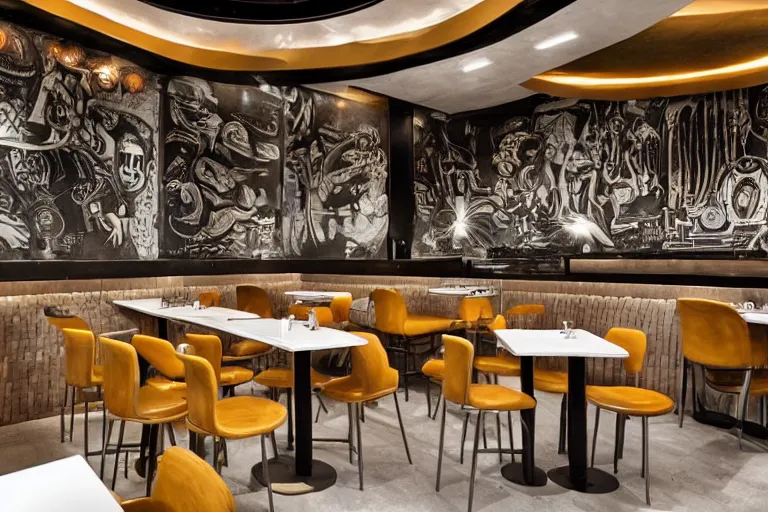 Prompt: a fast food restaurant interior inspired by HR Giger, peoples sitting on chairs