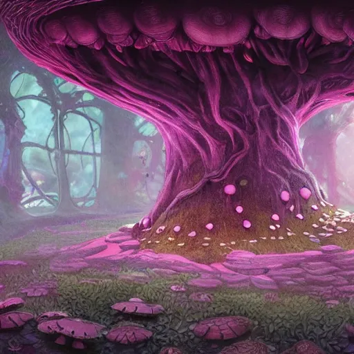 Image similar to concept art painting of a interior of a circular alien fairytale fantasy fungus house inside of a mushroom, with black vines, realistic, detailed, cel shaded, magenta and gray, dark, in the style of makoto shinkai and greg rutkowski and james gurney