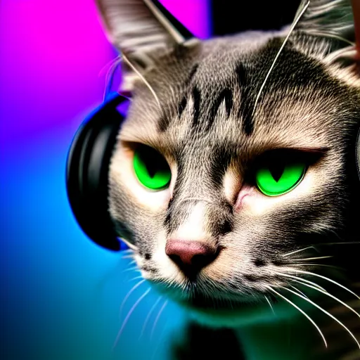 Image similar to a cat wearing headphones,studio photograph,professional photography,professional lighting,3 point lighting,detailed face,hyperdetailed,photorealistic,4k,neon lights