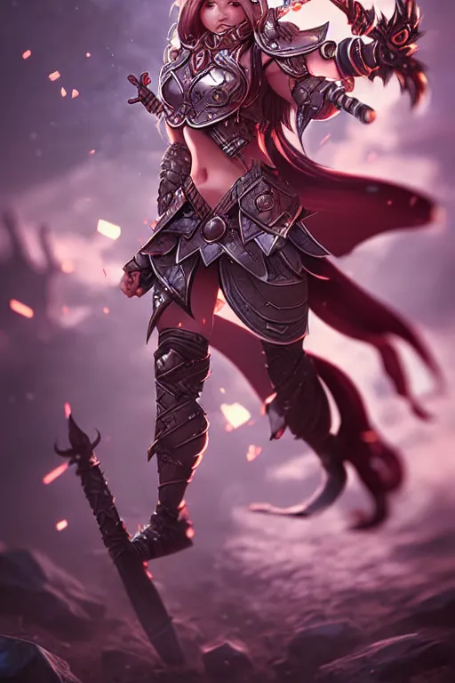 Image similar to sakimi chan, fantasy armor, action pose, detailed face, dynamic lighting, tony sart