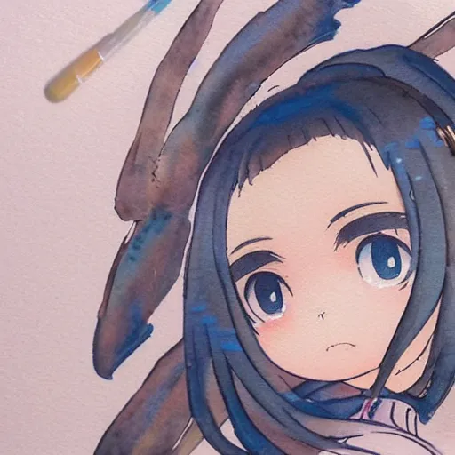 Image similar to beautiful water color concept art of face detailing cute nendoroid girl in the style of hokusai , toon rendering, close-up, no shade, modern art, kyoto animation