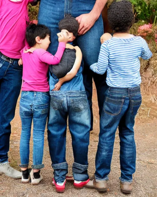 Image similar to a man with five children protecting his pair of jeans and screaming