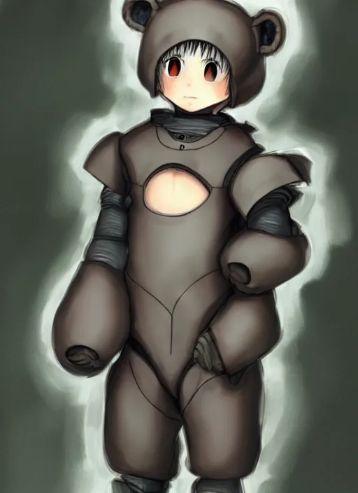 Image similar to beautiful little boy wearing an cyborg bear suit, artwork in kentaro miura and made in abyss and rosdraws, smooth, beautiful lightness, anatomically correct, trending on pixiv, forest