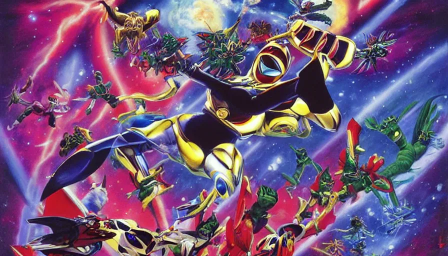 Image similar to stephen Hawkins as power ranger fighting gremlins vs mothra art by Noriyoshi Ohrai and Lisa Frank